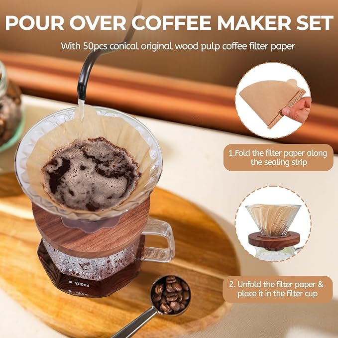 Pour Over Coffee Maker 400ml Borosilicate Glass Drip | Coffeemaker Server Set with 50pcs V60 Cone Paper Filters Walnut Collar Glass Lid Clear Hand Brew Dripper Carafe 13.5oz
