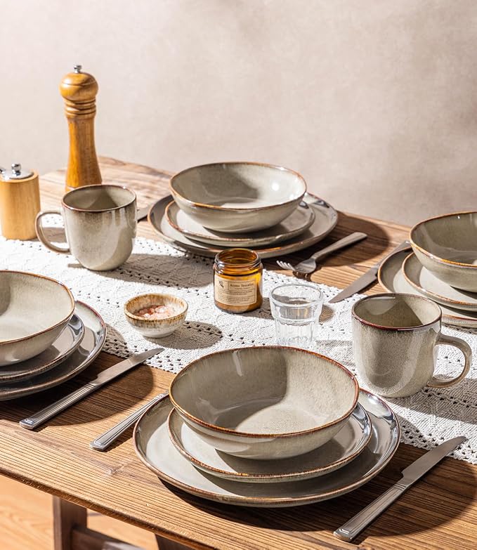 GBHOME Stoneware Dinnerware Sets for 4,12 Piece Rustic Plates and Bowls Set | Earthenware Handmade Reactive Glaze Plate Sets, Chip Resistant Ceramic Dishes, Microwave & Dishwasher Safe, Driftwood Taupe