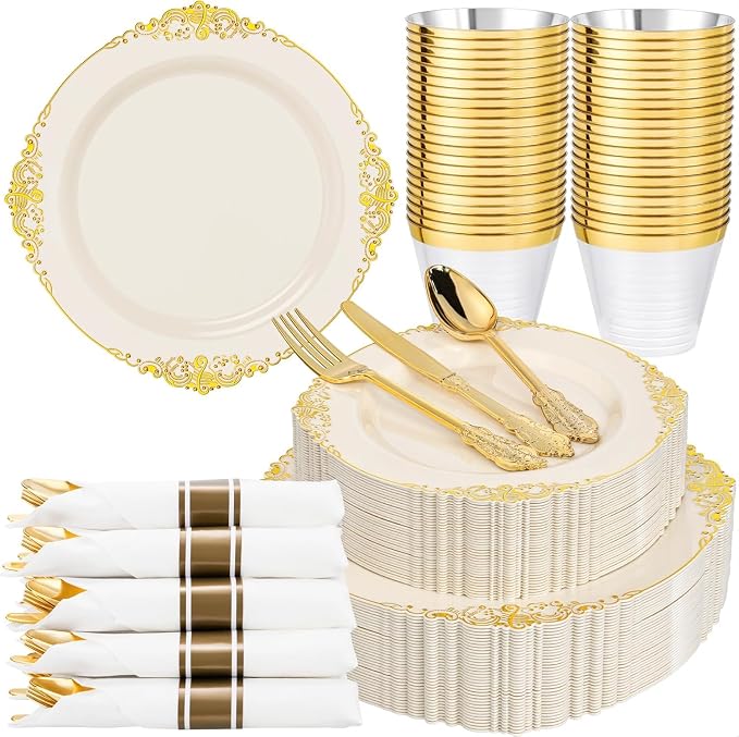 Nervure 175Pcs Ivory Plastic Plates, Disposable Party Plates for 25 Guests | 25 7.5" Dessert & 25 10.25" Dinner Disposable Plates, 75 Gold Cutlery, 25 9oz Cups, 25 Napkin for Wedding & Party, Heavy-duty