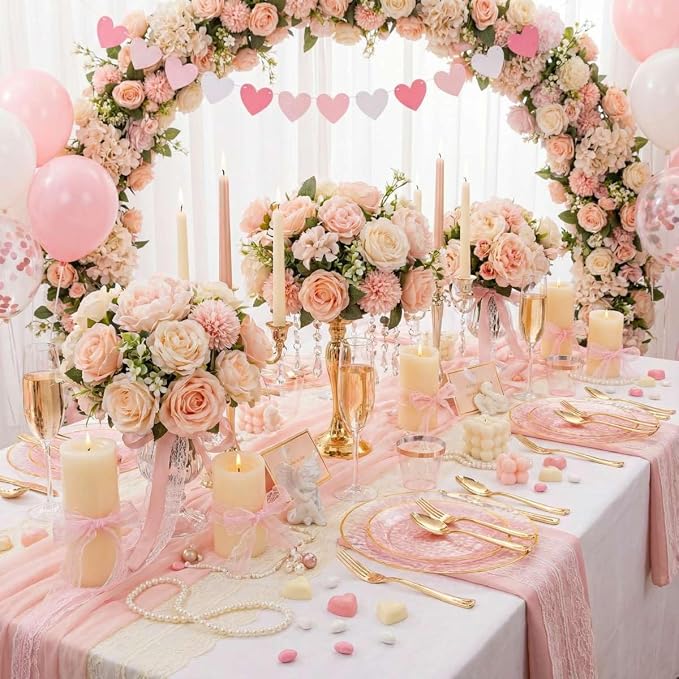 DaYammi 350PCS Clear Pink Plastic Dinnerware Set for 50 Guests, Hammered Disposable Plates for Party, Include: 50 Dinner Plates, 50 Dessert Plates, 150 Gold Silverware, 50 Napkins, 50 Cups