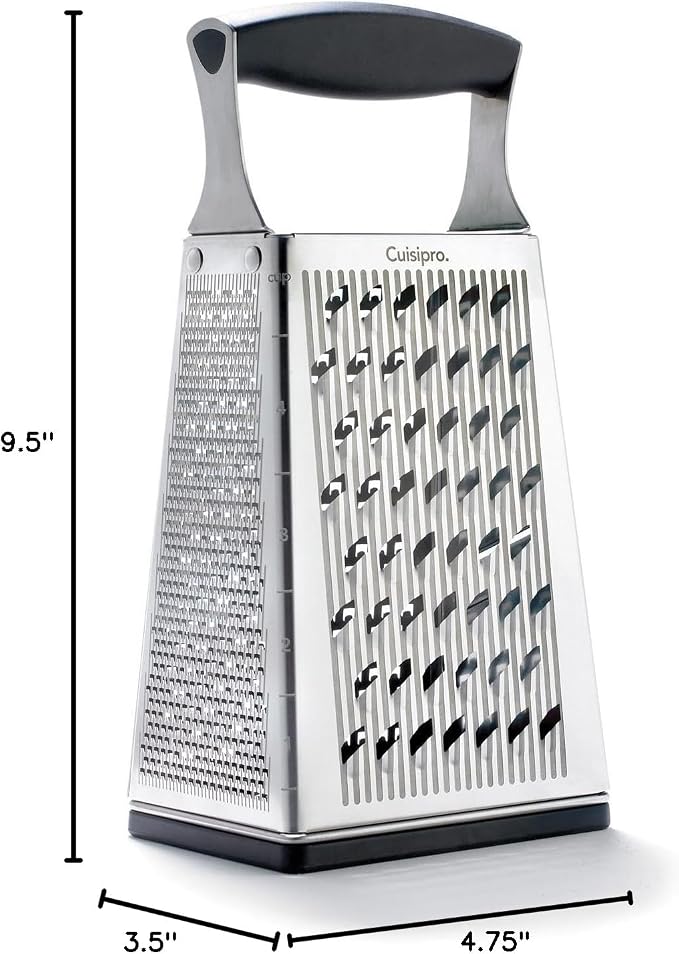 Cuisipro Stainless Steel Cheese Grater with Handle, 4 Sided Box Grater for Kitchen, Ginger Grater Dishwasher Safe, Fruit and Vegetables Slicer, Cheese Shredder for Potato, Chocolate, Parmesan, Ginger