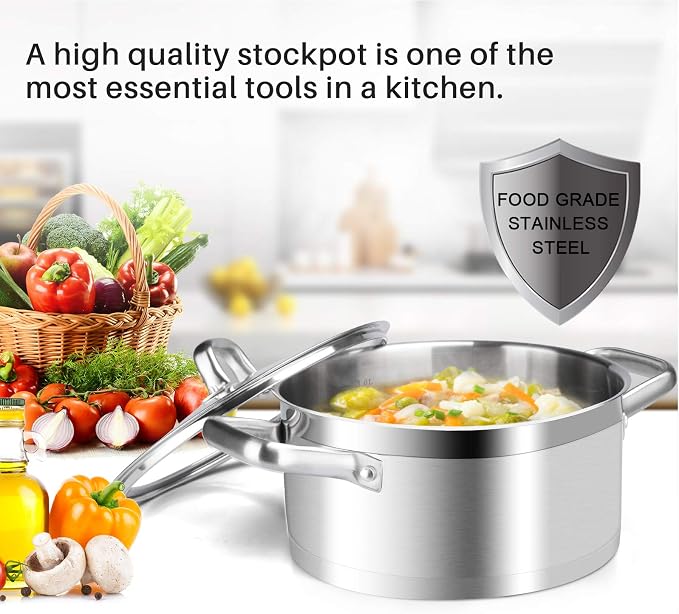 Duxtop Stainless Steel Stock Pot with Lid, 4.2 Qt Induction Cooking Pot | Stockpot with Stay-Cool Handle, Impact-Bonded Base for Even Heating