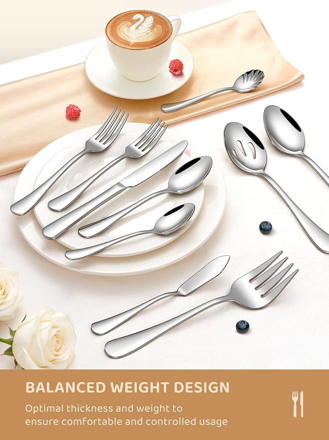45 Piece Silverware Set for 8 with Serving Utensil Set, Food-Grade Stainless Steel Flatware Set Include Forks Spoons Knives, Dishwasher Safe for Home Hotel Restaurant Wedding, Mirror Polished