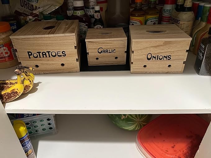 Frcctre 3 Pack Vegetable Storage Bins, Farmhouse Potato Onion Garlic Kitchen Storage Canisters Set, Wooden Stackable Vegetable Keeper with Lid and Aerating Holes for for Pantry Organization
