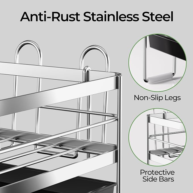 Large Dish Drying Rack, Expandable Dish Rack, Stainless Steel Anti-Rust Dish Racks for Kitchen Counter, Multifunctional Dish Drainer with Utensil Holder & Cup Holder, 13.4"-28.7" L x 11.8" W