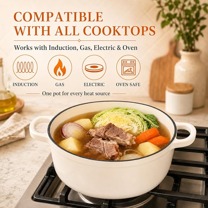 4QT Enameled Cast Iron Dutch Oven For Bread Baking,Cooking | 4QT Dutch Oven with Lid,Enameled Round,Dual Handles,Heavy-Duty,Cast Iron Skillet For Bread Baking,Cooking.