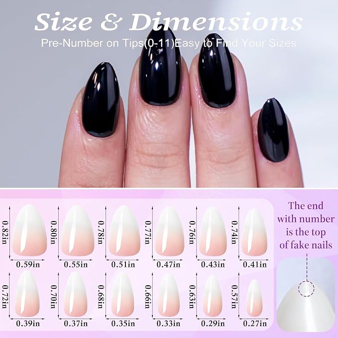 Black Press On Nail Short Almond,Fit Perfectly,Natural Reusable | UV Finish, Artificial Nails , 2+Weeks Wear, Salon Quality Nails, 12 Sizes, 24-Piece, with Glue