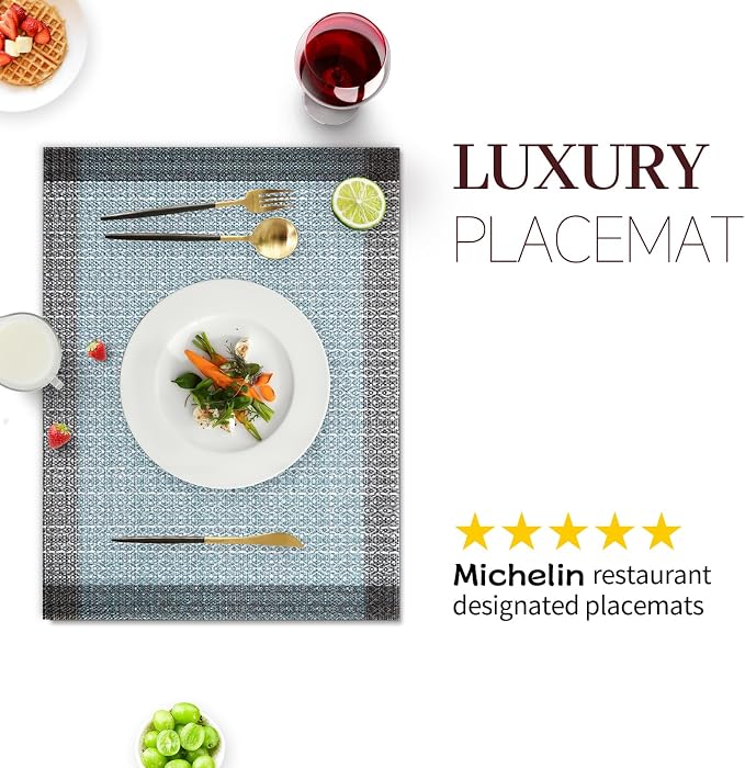 Blue Grey Placemats Set of 4, 12x18 Inch Faux Linen Table Mats | Heat Resistant and Washable Design, Easy to Clean Surface for Dining Rooms, Kitchens, Outdoor Parties and Everyday Home Decor