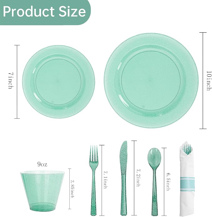 DaYammi 210PCS Green Glitter Plastic Dinnerware Set for 30 Guests, Fancy Disposable Plates for Party, Include: 30 Dinner Plates, 30 Dessert Plates, 30 Pre Rolled Napkins and 30 Cups