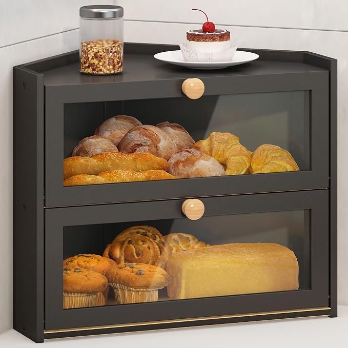 JANSNIMEN Corner Bread Box for Kitchen Countertop Bamboo Bread Holder | Large Capacity Bread Container Storage Wooden Farmhouse Breadbox (Black, 16.6"L x 12.28"W x 14.17"H)