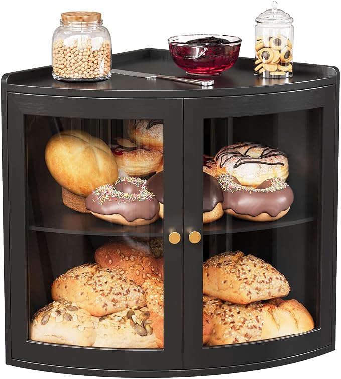 Trironsun Fan Shape Corner Bread Box for Kitchen Counter Double Layer Large Bread Storage Container with Acrylic Doors Farmhouse Wooden Bread Box Organizer for Homemade Bread (Black)