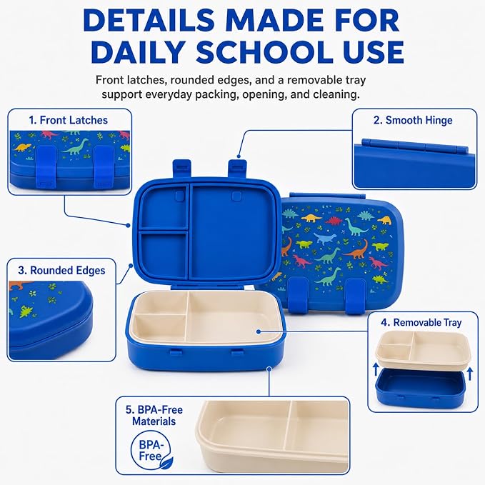 MISS BIG Kids Bento Lunch Box, Blue Dinosaur, Microwave Safe, 800ml | Boys lunch box with 3 sections for school meals, daycare, preschool, kindergarten, and microwave-safe reheating