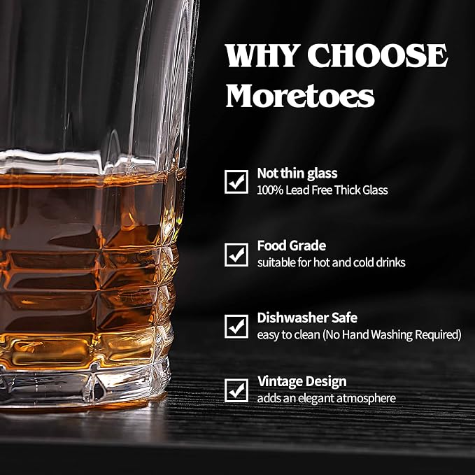 Moretoes Drinking Glasses Set of 12,Mixed Drink Cocktail Glass | 6 Highball Glasses 12 Oz,6 Rocks Glasses 10 Oz Vintage Glassware Sets for Whiskey, Cocktails, Water & Juice