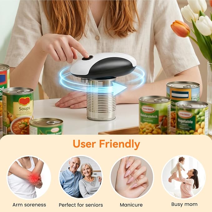 Electric Can Opener, USB-C Rechargeable One Touch Hands Free Automatic Can Openers for Most Can Sizes Smooth Edge, Safe and Easy to Use for Seniors, Arthritis Sufferers, Kitchen and Camping