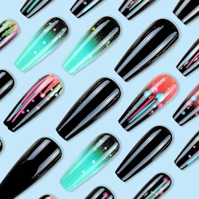 24Pcs Black Press on Nails Square WLGDLH Medium Coffin Fake Nails Press ons Nail Art Tips with Neon Gradient Design Cute Glossy False Nails Full Cover Repeatable Glue on Nail for Women 24Pcs