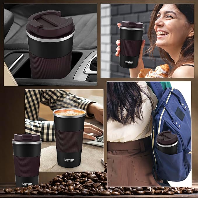 KETIEE Travel Mug, 12oz Insulated Coffee Cup with Leakproof Lid, Vacuum Stainless Steel Double-Wall Travel Coffee Mug Spill Proof, Reusable Tumbler for Men and Women for Hot & Cold Water Tea