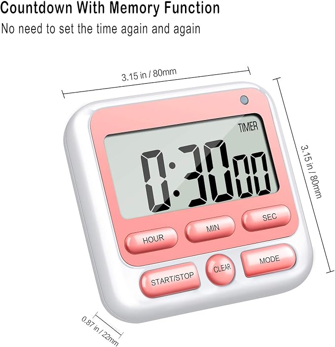 4-in-1 Digital Timer with Count Up/Down, Clock & Alarm, Ring & Silent Modes | Large 2.8-Inch easy-read LCD, On/Off switch, 24-Hour count up/down, Fast-forward function, Magnetic back, stand, hanging hole