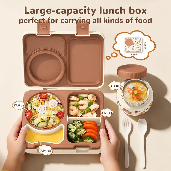 Kids Insulated Lunch Box with 8OZ Thermo Food Jar | Leakproof Bento Box with Ice Pack Sauce Cup Utensils Removable Tray & Dividers for School Daycare Travel, Capybaras