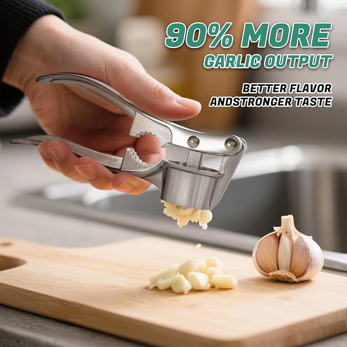 Aluminum Garlic Press with Peeler Dual Use for Garlic Nuts Ginger | Ergonomic easy-squeeze handle, rustproof, dishwasher safe for home camping use
