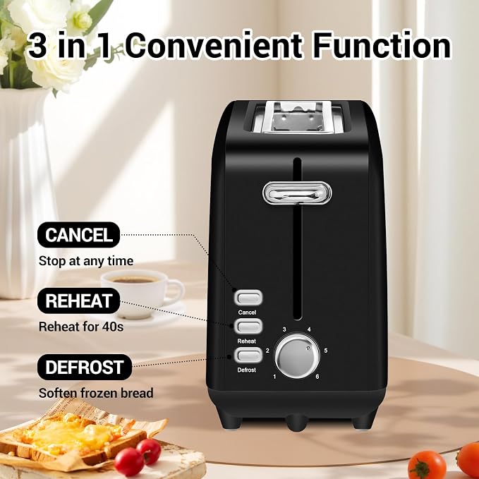 SEEDEEM Stainless Steel Toaster 2 Slice Slim, 10" Single Long Slot, Black | 6 Shade Settings, Extra Wide Slot Fits Bagels & Artisan Bread, Defrost, Cancel Function, Removable Crumb Tray