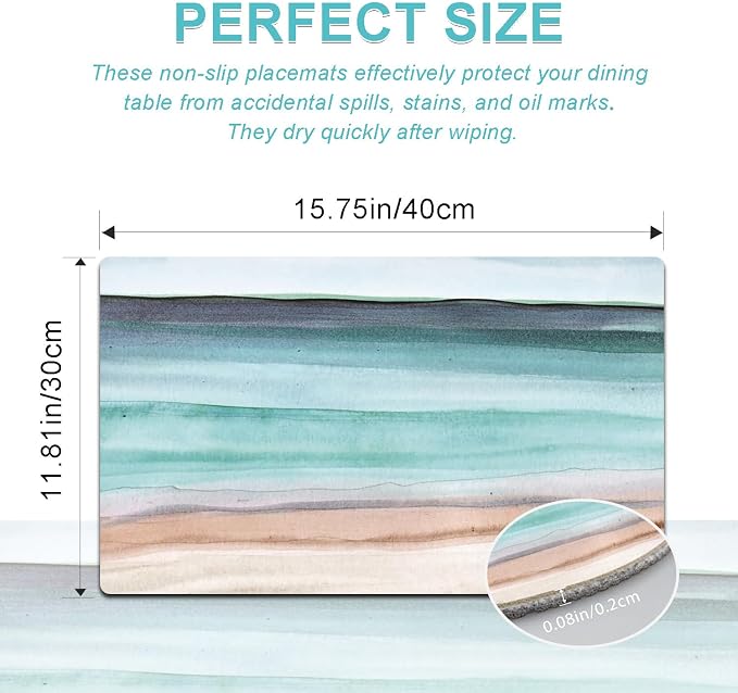 Coastal Placemats Set of 4 - Coastlin Faux Leather Anti Heat Placemats for Dinner Table, Non-Slip Waterproof Oil-Proof Washable Reusable Placemat for Indoor Outdoor Kitchen, 15.75In*11.81In