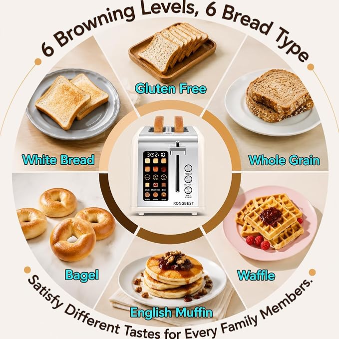 2 Slice Touch Screen Toaster Stainless Steel Wide Slot with Single-slice Mode, Digital Touchscreen, Reheat & Defrost, Toasted Bagel & Bread for Family Breakfast, Removable Crumb Tray, Cream Color