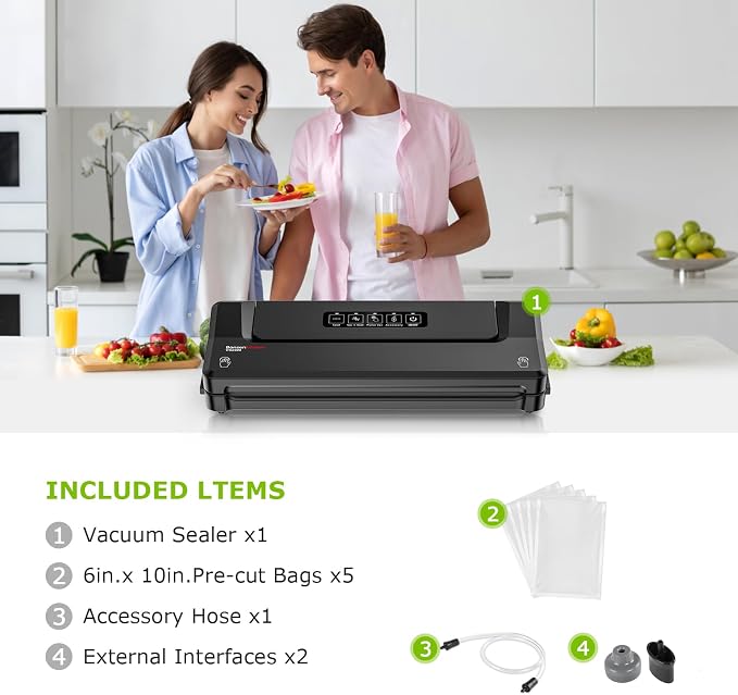 Bonsenkitchen Vacuum Sealer Machine With 5 Vacuum Bags,Black | Compact Food Sealer for Sous-Vide & Meal Prep,Multiple Modes,External Vacuum System,6x Longer Freshness