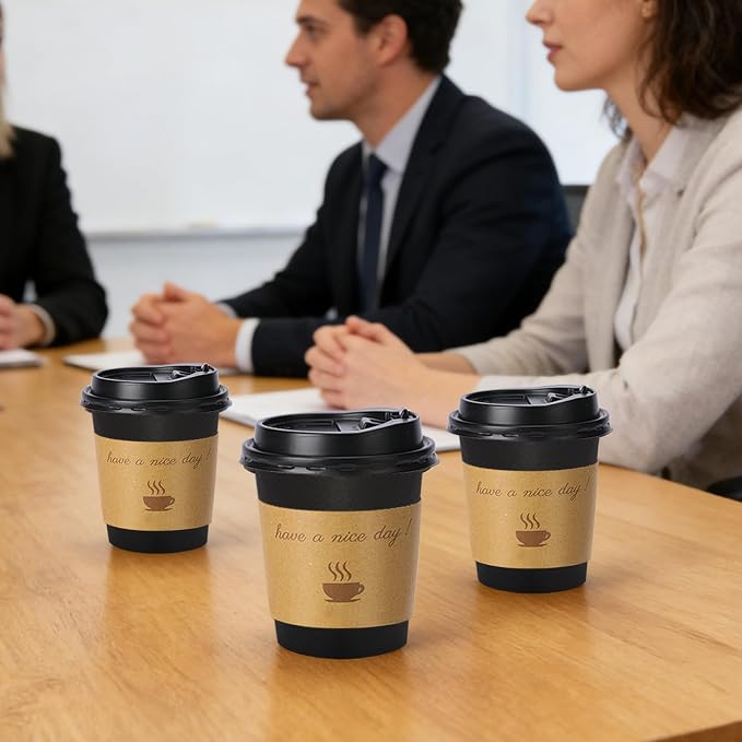 Lamosi 100 Pack 10 oz Coffee Cups, Disposable To Go Paper Cups with Lid | Hot Insulated Cups with Lids, Stir Sticks and Sleeves for Cold Drinks, Tea and Latte, Cafe, Travel and Home Use