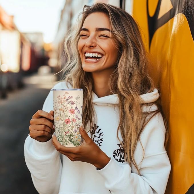 Boho Floral Tumbler 20 oz Stainless Steel Insulated Travel Mug with Lid and Straw, Flower Coffee Tumbler Cup for Hot Cold Drinks, Vintage Floral Gifts for Women Mom Friend