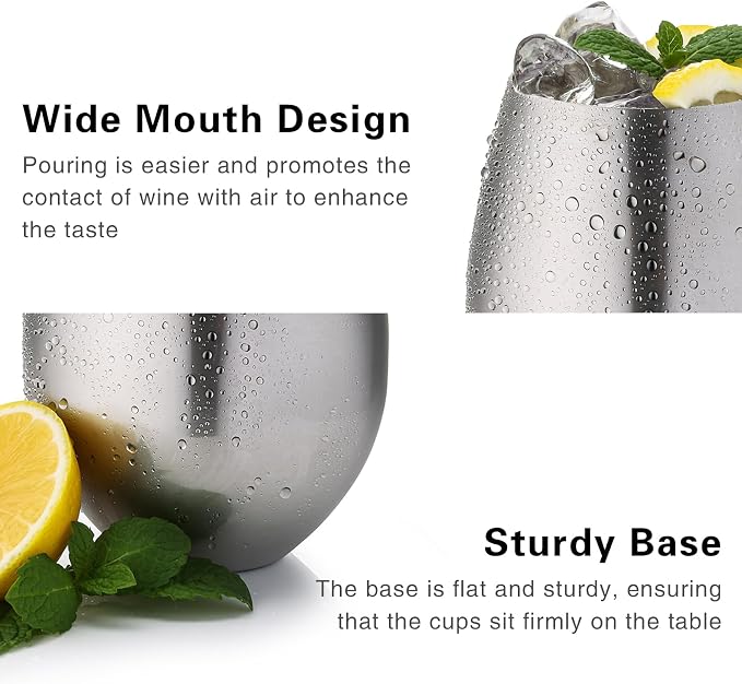 WOTOR Stemless Stainless Steel Wine Glasses, 18oz, Silver, Set of 4 | Unbreakable, Metal, Ideal Gift for Wine Lovers