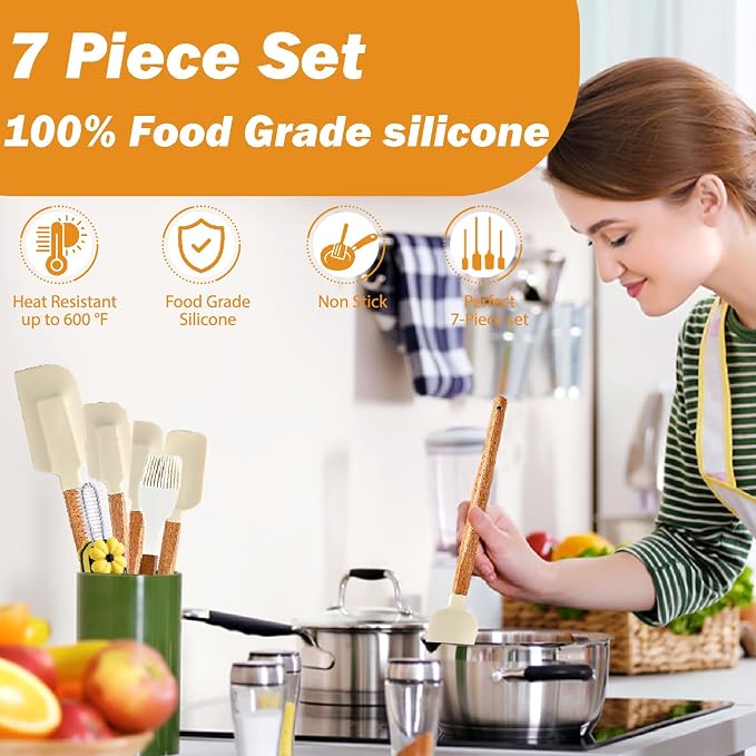 7 Piece Silicone Spatula Set, Food Grade Rubber Spatula Set with Wooden Handle, Heat Resistant Up to 600°F, Silicone Utensils Set for Baking, Cooking & Mixing, Jar, Non-Stick Kitchen Utensils