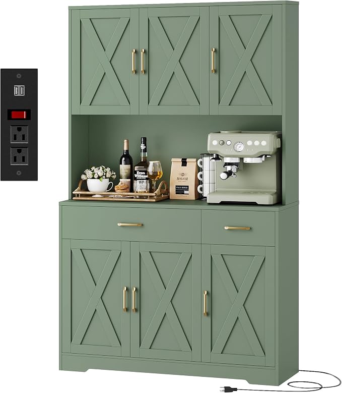 HOSTACK 71"H Kitchen Pantry Storage Cabinet, Farmhouse Hutch Cabinet, Green | Space-Saving Pantry Cabinet with Charging Station & 2 Large Drawers & Adjustable Shelves, Tall Kitchen Hutch, Dining Room