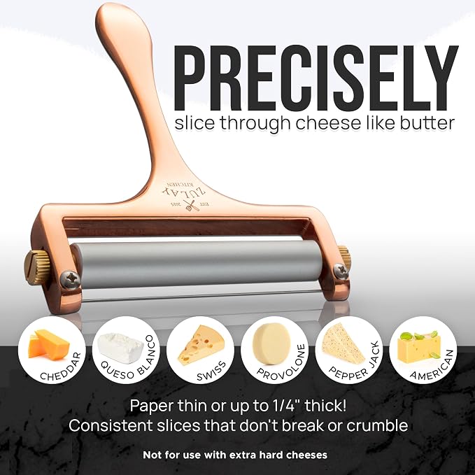 Zulay Adjustable Cheese Slicer - Wire Slicer for Mozzarella, Cheddar, Gouda - Heavy Duty With 2 Extra Wires (Rose Gold)