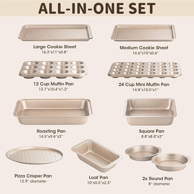Terlulu 10-Piece Baking Pans Set, Bakeware Sets Nonstick, Baking Set for Oven Cooking, Stackable Carbon Steel Pans Include Cookie Sheets, Muffin Pan, Cake Pan, Pizza Pan, Loaf Pan, Roasting Pan, Gold