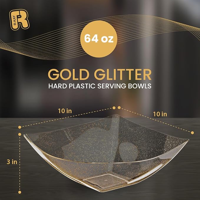 R-kay 6 Pack Plastic Serving Bowls - 64 OZ Gold Glitter Bowls - Salad Bowls Large Serving - Premium Heavy Duty For Weddings Catering And Birthday parties