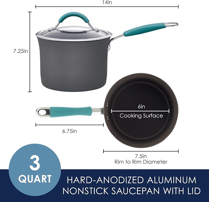Rachael Ray Cucina Hard Anodized Nonstick Sauce Pan/Saucepan with Lid, 3 Quart, Blue