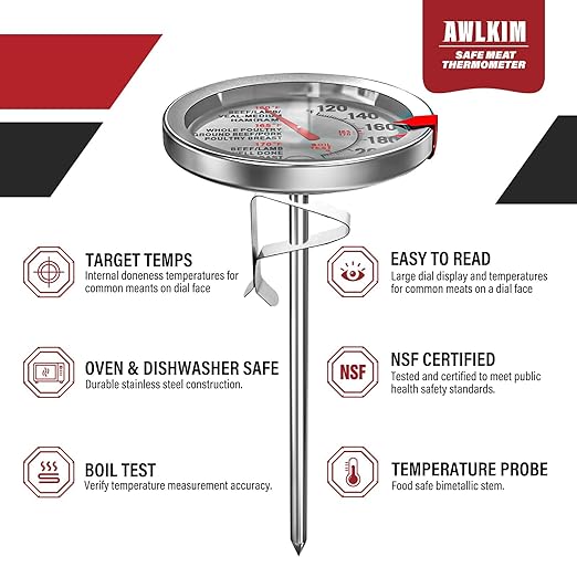AWLKIM 2 Pack Analog Meat Thermometer Oven Safe Dial No Battery | Bimetallic Stem Dial, Leave-In Oven Safe, 2.5in Large Face, No Batteries for Roast Turkey Grill BBQ Cooking