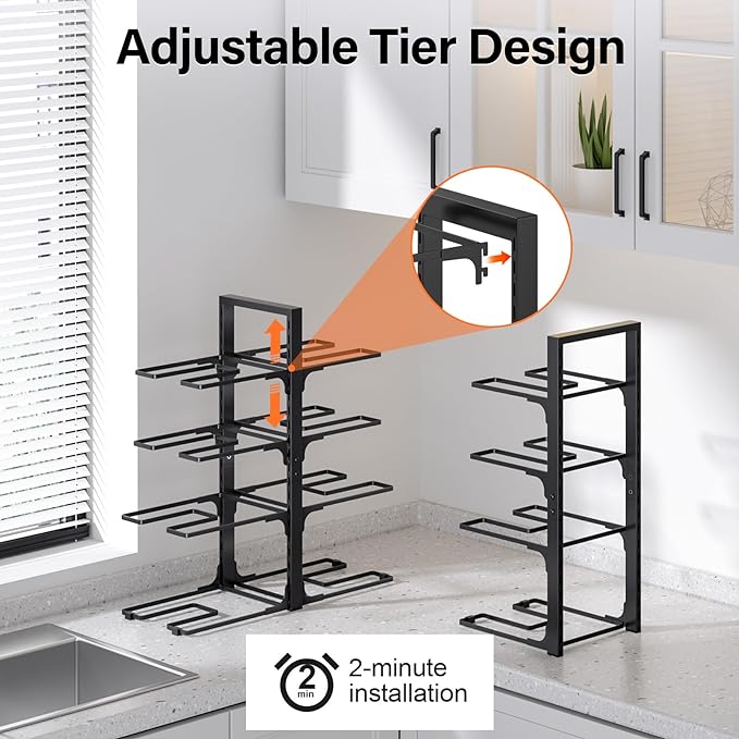 MUDEELA 8-Tier Heavy-duty pan organizers inside cabinet, 20.8" H Black | Adjustable 20.8" Height, Heavy-duty pot rack, Holds big stockpots, cookware & skillets, Fits countertops, Kitchen storage