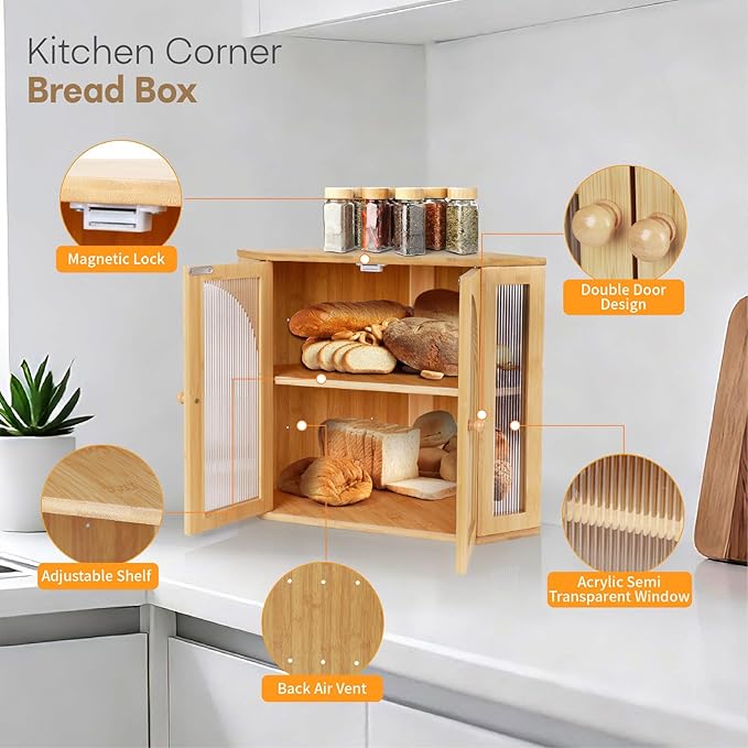 Corner Bread Box for Kitchen Countertop,Double Layer Bread Holder | 3 Adjustable Height, Large Capacity, Magnetic Acrylic Door, Bamboo Bread Storage Container for Homemade Bread, Natural