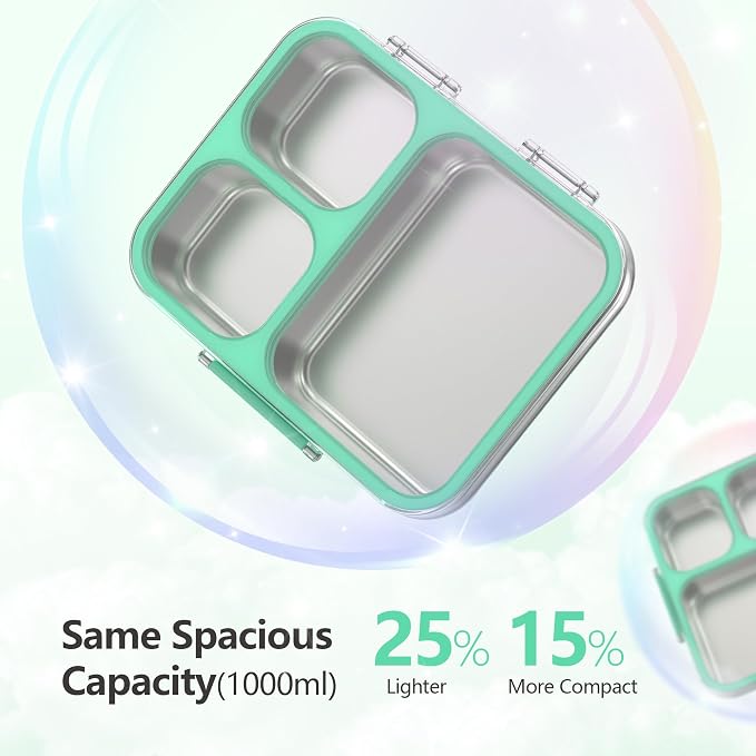 LOHASOK Stainless Steel Bento Lunch Box, 34oz/1000ml, Green | 3-Compartment, Leak Proof, Lightweight, Clear Plastic Lid, for Kids Adults, BPA/BPS Free, Dishwasher Safe