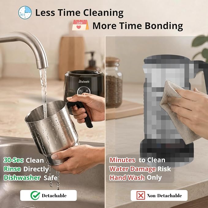 Detachable Milk Frother and Steamer: Hands-Free Froth & Clean 11.8oz | Dishwasher Safe Stainless Steel Jug - 4-in-1 Electric Automatic Hot/Cold Foamer & Hot Chocolate Maker for Latte Cappuccino