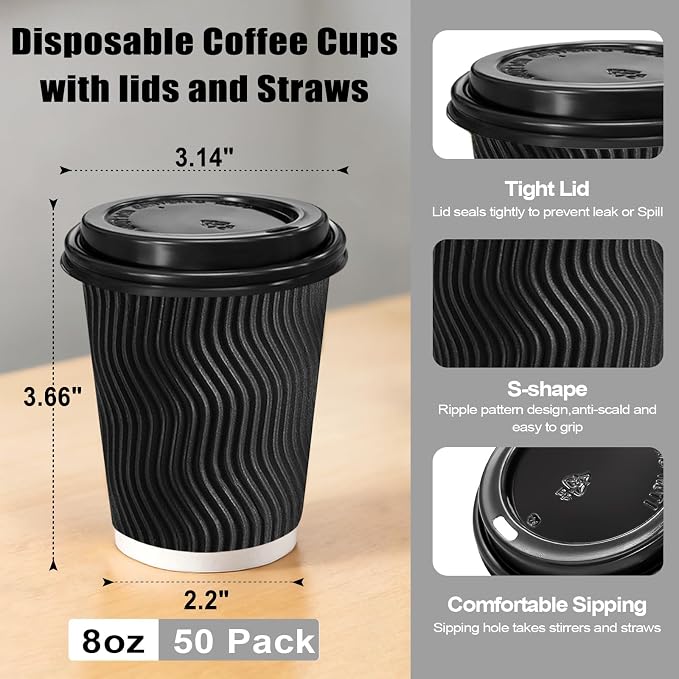 Lamosi 50 Pack 8 oz Disposable Coffee Cups with Lids and Straw, Black | Insulated Corrugated Ripple Wall Hot Cups with Lids for Hot Drink, Office, Coffee Bars, Meetings, and Short To-Go Use