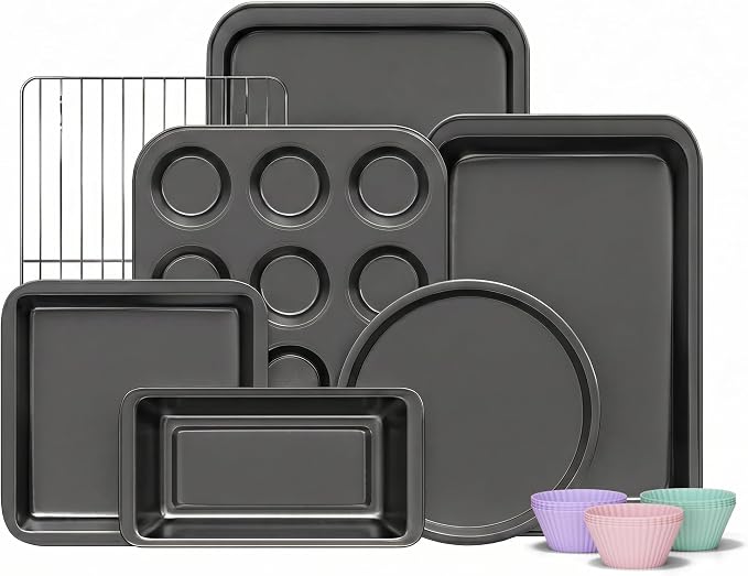 KITESSENSU Compact Baking Pans Sets, Nonstick Bakeware Sets 19-Piece with Round/Square Cake Pan, Loaf Pan, Muffin Pan, Cookie Sheet, Roast Pan, Cooling Rack, Carbon Steel Bake Set