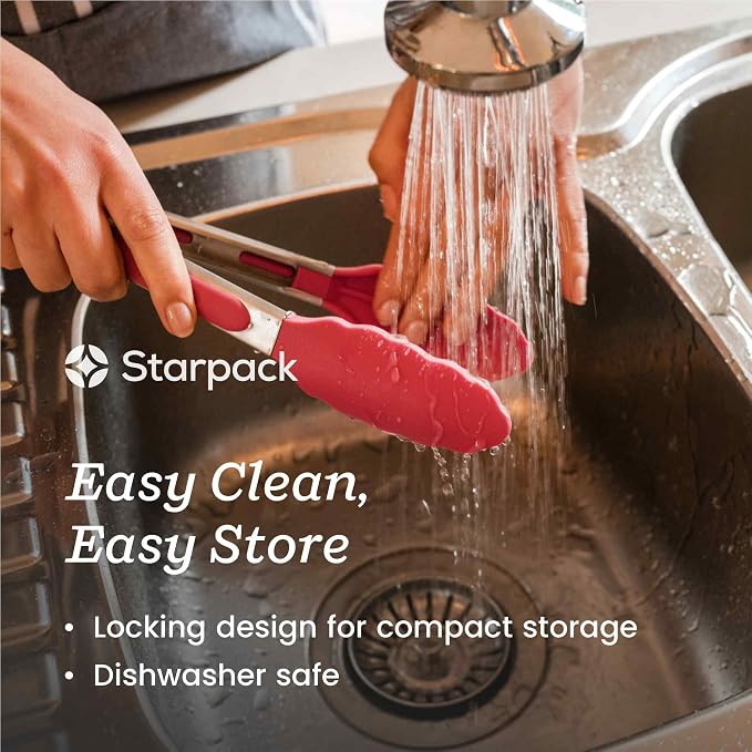 Starpack Get a Grip Silicone Kitchen Tongs (2-Pack, 9" + 12") - LFGB Non Toxic, 600°F Heat Resistant, BPA-Free - Heavy-Duty Stainless Steel, Locking - Dishwasher Safe for Nonstick Cookware