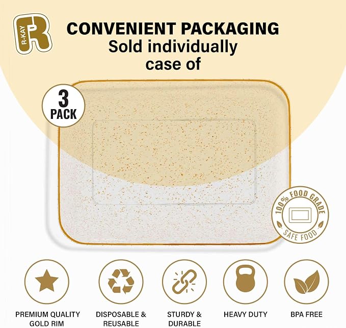 3 Pack Gold Glitter Plastic Serving Trays for Party - Gold Glittered Serving Tray 8 x 11 Inch - Heavy Duty Dessert Trays for Food - Rectangular Party Serving Trays for Entertaining