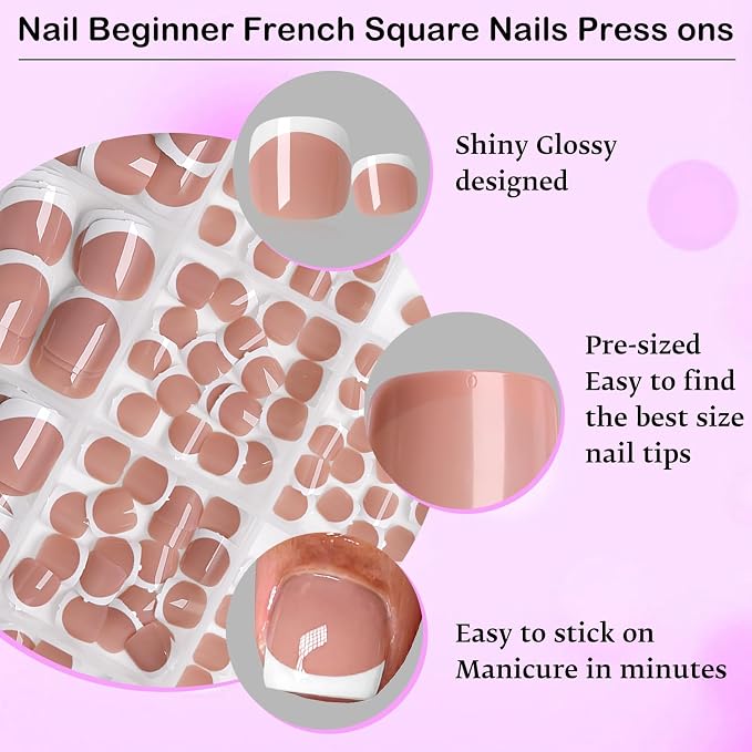 240pc White French Tip Press on Toenails Short Square False Toenail, Coffee Fake Toe Nails Kit with Glue, 12 Sizes Acrylic Glue on Nails Toes Square French Tip Press-on Toe Nail for Women Girls