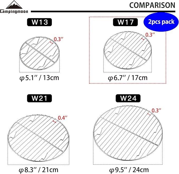 CAMPINGMOON 2pcs Round round cooling rack 304 Stainless Steel Cooking Grid Grill (φ6.7 inches, W17-2P)