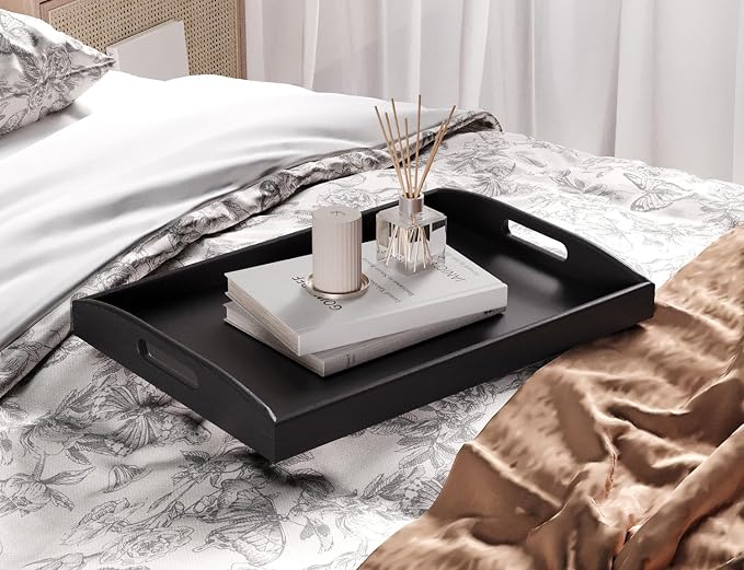 Bamboo Set of 2 Serving Trays with Handles Decorative Tray(Black) | 2 Pack, Decorative Trays, for Coffee Table, Kitchen Counter, Breakfast, Party