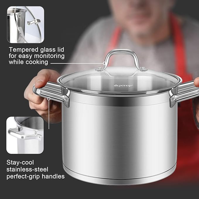 Duxtop Stainless Steel Stock Pot with Lid, 8.6 Qt Induction Cooking Pot | Stockpot with Stay-Cool Handle, Large Batch Meals, Generous Capacity for Family Cooking Needs