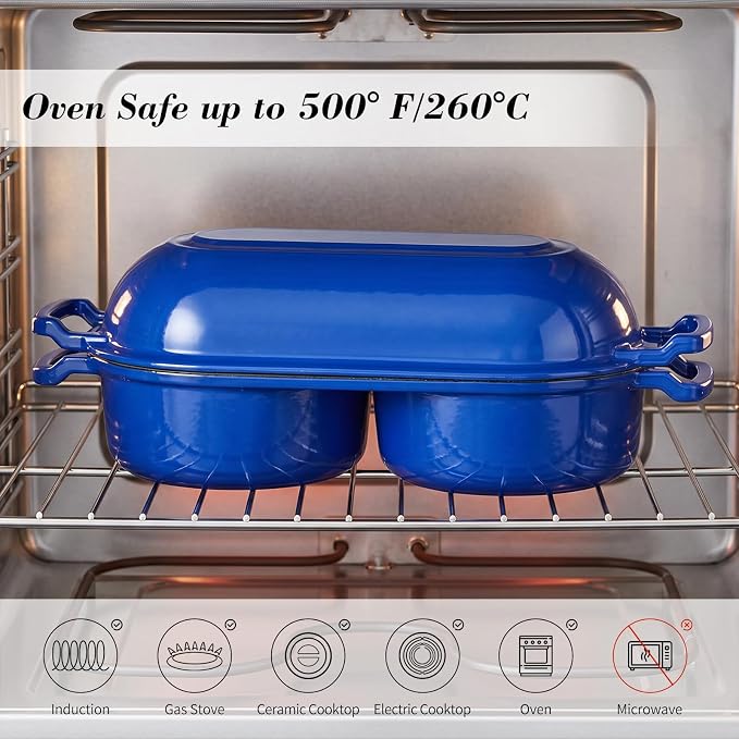 Double Dutch Oven for Sourdough Bread Baking, Enameled Cast Iron Bread Pot with Lid, Double Round Loaf Space, 500F Oven Safe, Non Stick Mini Loaf Pans for Homemade Cake Meatloaf